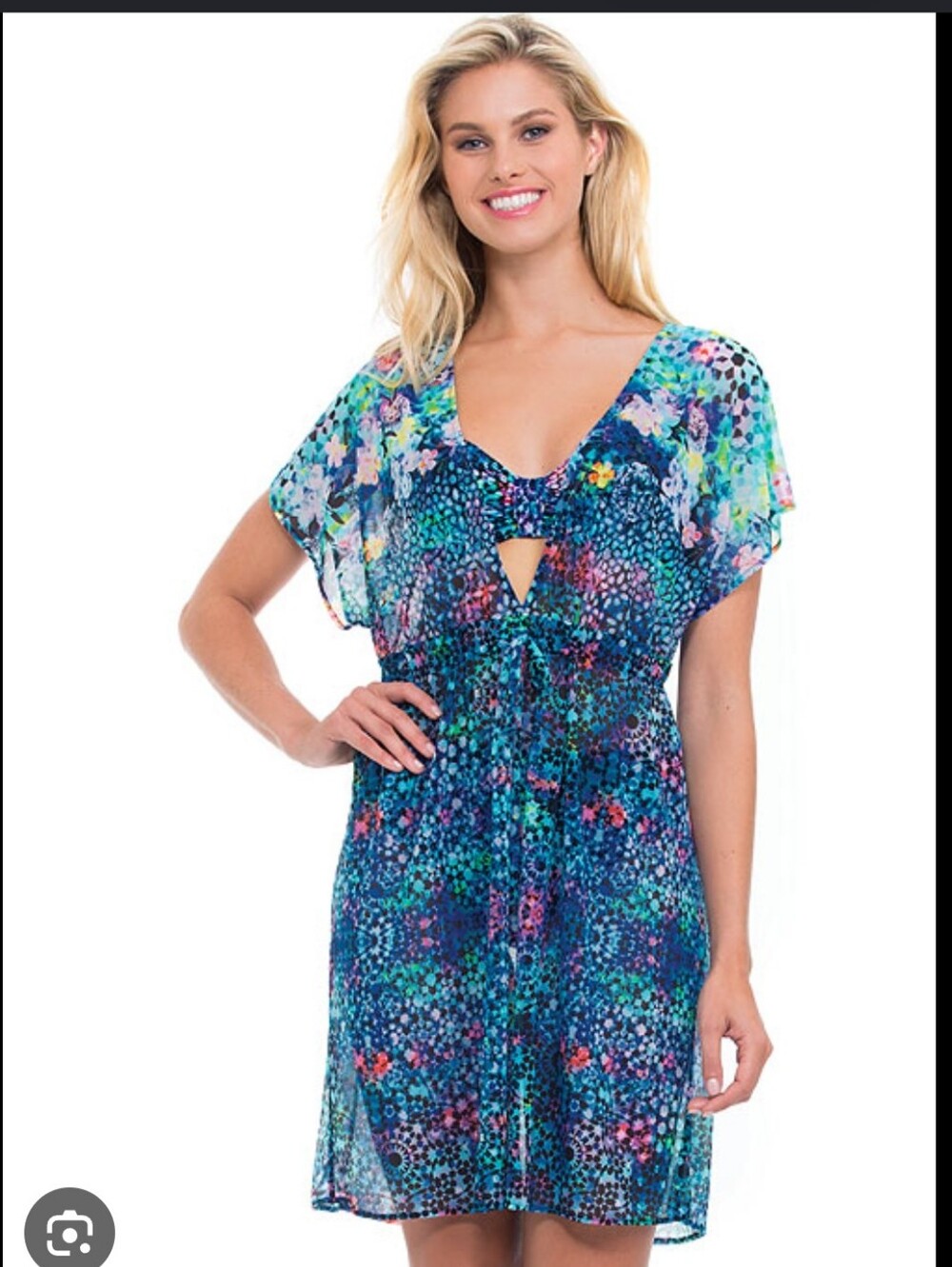 Gottex Profile Paradise Bay Blue Multicolor Floral Mesh Kaftan Coverup